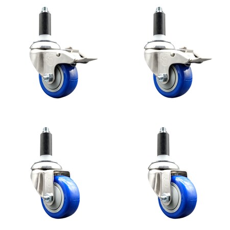 Service Caster 3 Inch 316SS Blue Poly Swivel 1-1/8 Inch Expanding Stem Caster Lock Brake, 2PK SS316TTLEX20S314-PPUB-BLUE-2-S-2-118